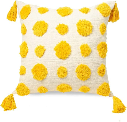 PLWORLD Boho Yellow Pillow Cover 18x18, Tufted Cream Chenille Cushion Case with Pom Poms & Tassels, 1PC Cover Only, No Insert