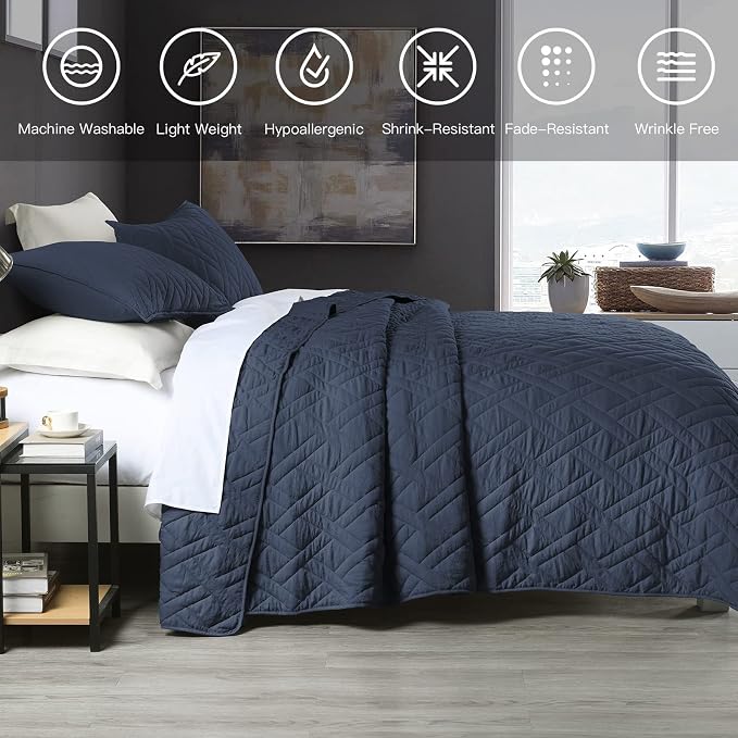 HORIMOTE HOME Quilt Set Twin Size Navy Blue, Classic Geometric Diamond Stitched Pattern, Ultra Soft Microfiber Lightweight Bedding Set Bedspread Coverlet for All Season with 1 Quilt 1 Pillow Sham