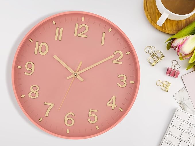 Lumuasky Wall Clock Pink Modern 12 Inch Battery Operated Silent Non-Ticking Decorative Clock for Living Room Bedroom Office Kitchen School Classroom Nursery Decor, 3D Numbers Easy to Read