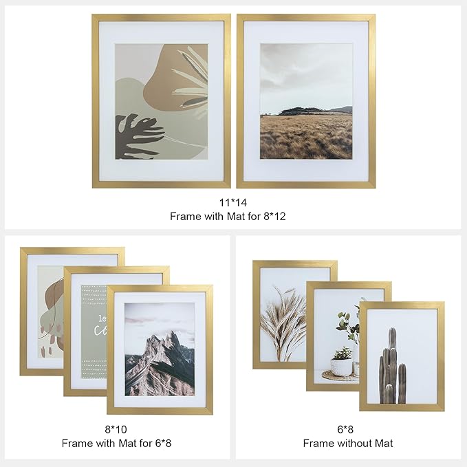 Gallery Wall Frame Set, 8 Pack Neutral Wall Decor, Gold, Large | Elegant Collage Picture Frames Wall Art for Living Room, Entryway, Stairway, Bedroom, Assorted Size