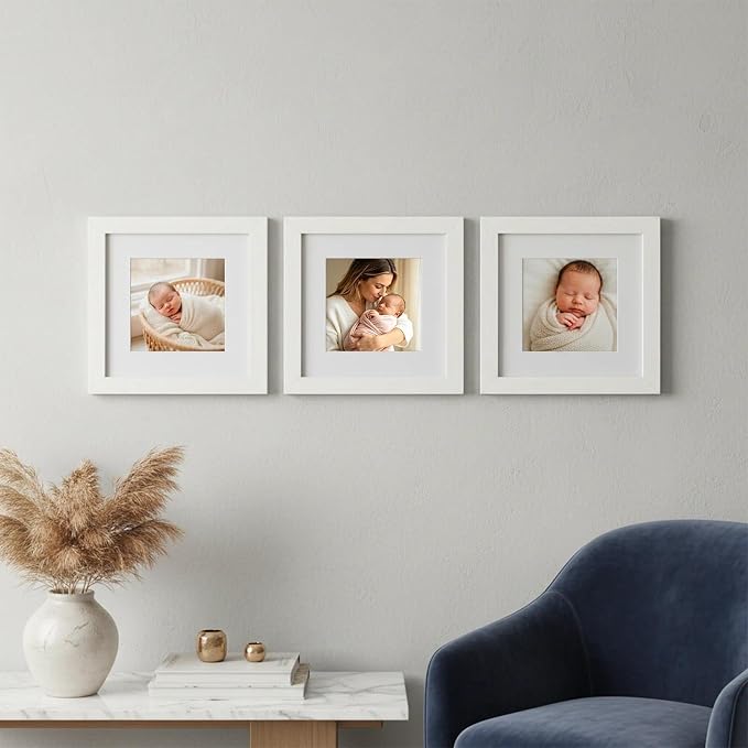 Boarding 8x8 Picture Frames White,5x5 Mat,Tempered glass,Engineered Wood