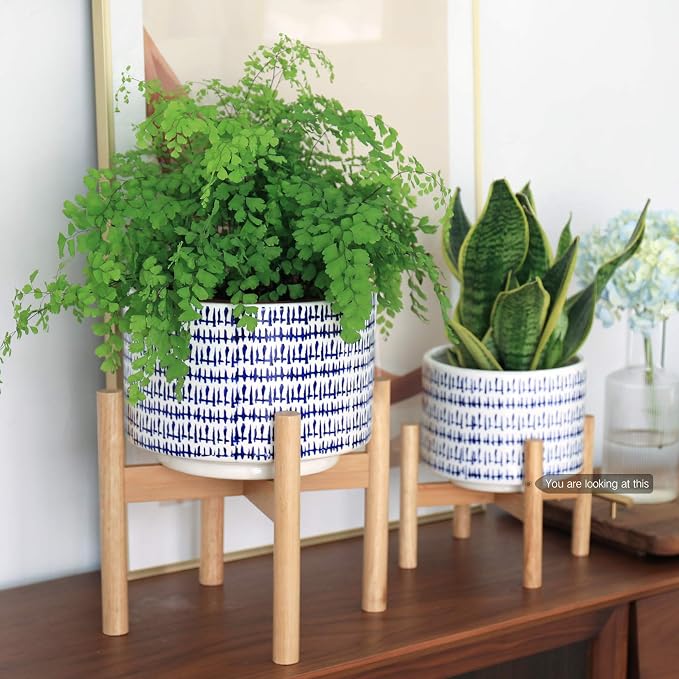 LA JOLIE MUSE Ceramic Planter with Wood Stand, 7.3 Inch Indoor Plant Pot