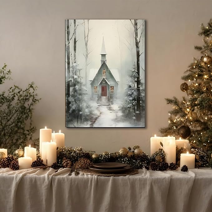 Winter Cabin Wall Art Poster Print 8x12inch, Snowy Forest Scene Art, Framed Christmas Prints – Christmas Canvas for Living Room & Bedroom, Christmas Decorations, Holiday Wall Decor