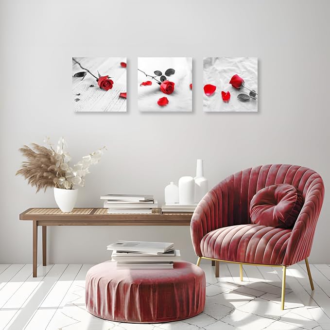 NAN Wind 3 Pcs Modern Canvas Painting Black and White Red Rose Canvas Art Painting Abstract Wall Art Decorations Flower Picture on Canvas for Home Decor Valentines Gift Stretched and Framed