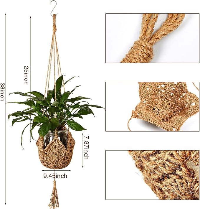 Macrame Plant Hangers Jute Crochet Plant Hanger Indoor with 2 Hooks Hanging Planter Basket Flower Pots Holder for Boho Home Décor 2Pcs
