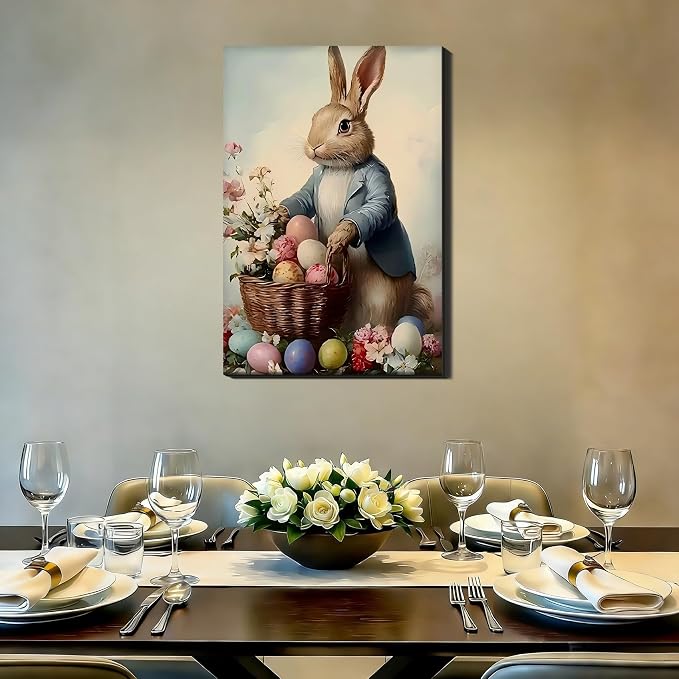 Large Vintage Easter Rabbit Eggs Canvas Art 20x30, Colorful Cozy Spring Bunny Pictures Wall Art, Perfect for Easter Bathroom Bedroom, Living Room Holiday Wall Decorations