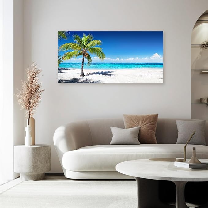 Baisuart-S03998 Large Canvas Wall Art Summer Ocean Waves Prints Coconut Trees on Sands Beach Seascape Painting Sea Nature Pictures Framed for Living Room Home Office Wall Decor Artwork