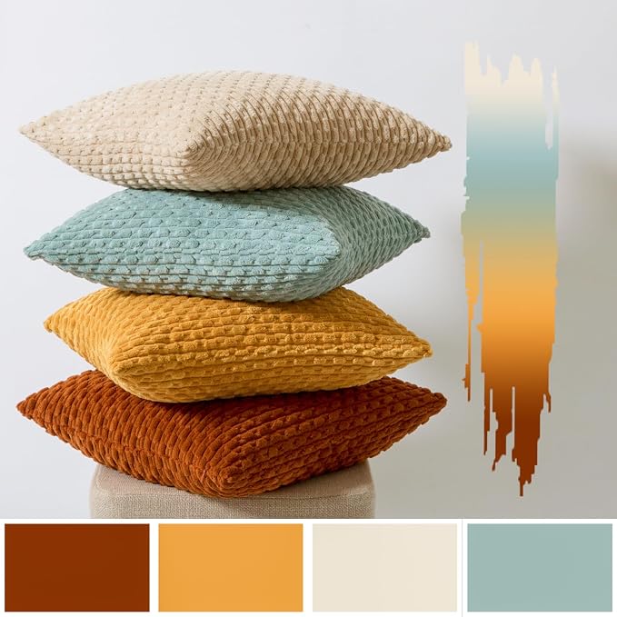 Kevin Textile Decorative Pillow Covers 18x18 Inch Set of 4 Soft Boho Corduroy Throw Pillow Cases Mix and Match Colors Plush Texture Throw Pillows for Sofa Couch Bedroom Home Decor Orange/Teal