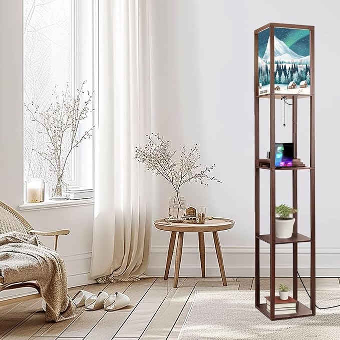 Floor Lamp with Shelves Snow Capped Mountain Wooden Cabins Crisp White Forest Standing Tall Lamp USB Ports & Power Outlet Modern Corner Lamp Nightstand Light for Living Room Bedroom