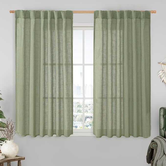Sage Green Linen Curtains 54 Inch Length 2 Panels, 52 x 54 Inch | Light Filtering Panels, Linen Textured, Neutral Drapes for Kitchen Window, Bedroom, Dining Room, Rod Pocket Back Tab