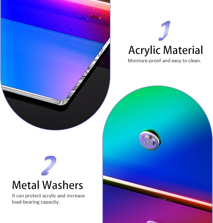 Sezanrpt 2 Pack Iridescent Acrylic Floating Shelves 15 Inches, Wall Hanging Bathroom Shelves, Wall Storage Shelf for Kitchen, Dining Room, Living Room, Bedroom, Bathroom, Retail, Supermarket