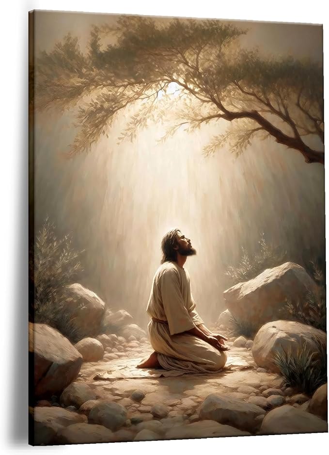 Framed Jesus wall decor for prayer room Christian wall art Jesus prayer canvas wall prints jesus praying in the Garden of Gethsemane Picture home decor Baptism gifts for boys-girl serenity prayer wall art 16X24inch