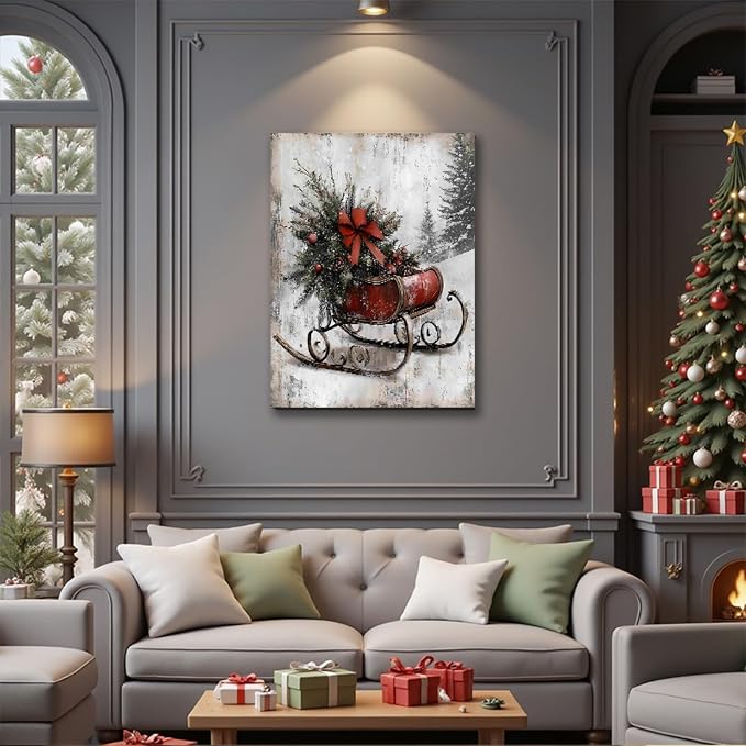 Vintage Framed Canvas Christmas Wall Art Decor 8x12, Farmhouse Red Christmas Prints Winter Paintings for Wall Sleigh Sled Art, Rustic Mantel Decoration, Country Winter Pictures