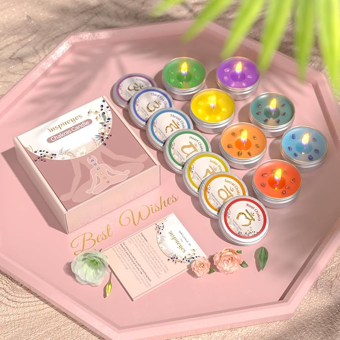 Inspireyes Chakra Candles Set of 7, Meditation Crystal Scented Candles Gift