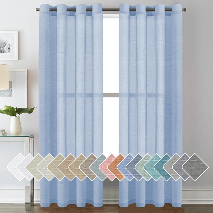 H.VERSAILTEX Linen Curtains Natural Blended Curtain Panels for Living Room/Light Reducing Linen Semi Sheer Curtains 84 inch Length 2 Panels Set Nickel Grommet Window Panels, 52" x 84", Chambray Blue