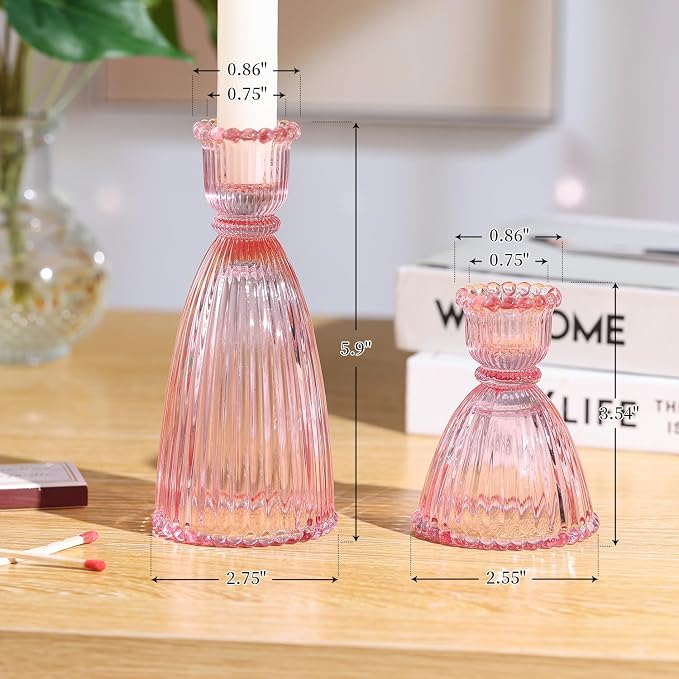 Pink Candle Holder Set of 6-4pcs 3.5"& 2pcs 6" Assorted Glass Pink Candlesticks Holder for Wedding Decor, Ribbed Taper Candle Holders Bulk for Bridal Shower, Home Table Centerpieces