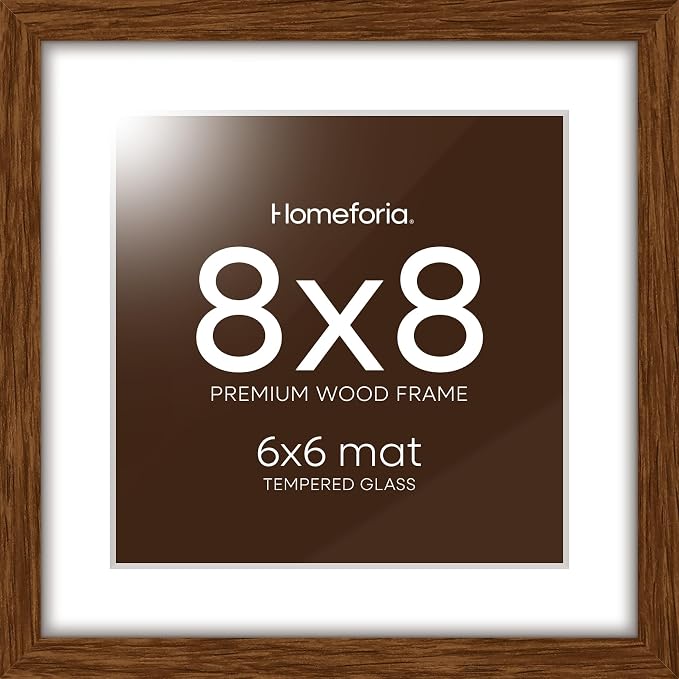Homeforia 8x8 Brown Oak Picture Frame, High-End Wood, 6x6 Mat, Glass