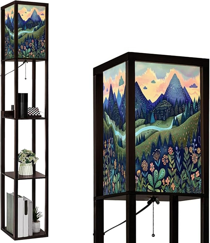 Floor Lamp with Shelves Luxuriant Forest Floral Patterns Artful Woodcut Print Standing Tall Lamp USB Ports & Power Outlet Modern Corner Lamp Nightstand Light for Living Room Bedroom