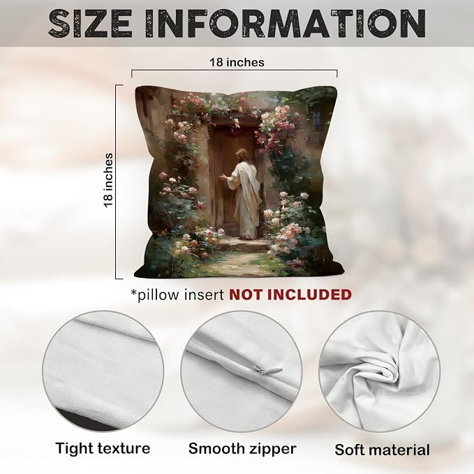 Christian Jesus Throw Pillow Covers Gifts 18x18, Vintage Religious Decor Pillow Cases for Bedroom Living Room, Cottagecore Jesus Knocking Door Decorative Square Pillowcases for Couch Bed Sofa