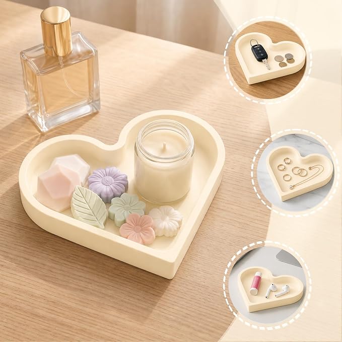 2 Pack Heart Shape Silicone Jewelry Tray, Soft Shatterproof Ring Dish, Small Trinket Tray for Necklace Earrings Keys, Cute Vanity Organizer, Home Decor Gift for Mom Sister Daughter Girlfriend, Beige