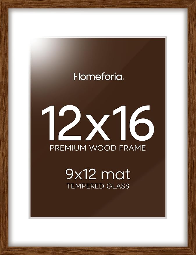 Homeforia 12x16 Brown Oak Picture Frame, High-End Wood, 9x12 Mat, Glass