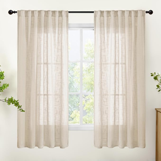 YoungsTex Oatmeal Linen Semi Sheer Curtains 42 X 63 Inch Length 2 Panels | Light Filtering Drapes Natural Textured with Rod Pocket Back Tab for Living Room Bedroom Window