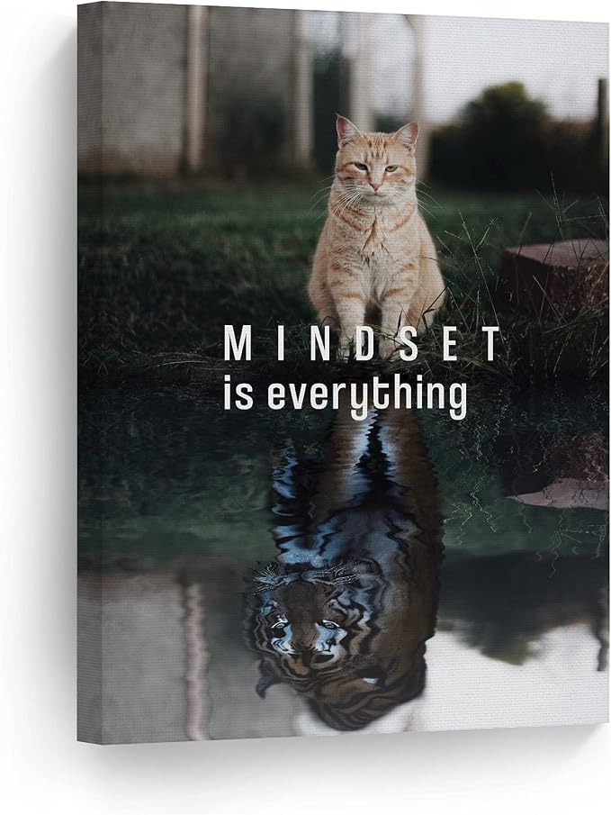 Smile Art Design Mindset is Everyting Brown Cat and Tiger Reflection Motivational Wall Art Canvas Print Inspirational Entrepreneur Quote Office Living Room Decor Gift Ready to Hang 17x11