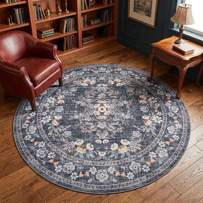 GarveeHome 6ft Large Round Rug for Living Room Distressed Floral Carpet | Vintage Flower Bordered Bedroom Rug Machine Washable Non-Slip Blue Area Rug for Conference Room Nursery Guest Room