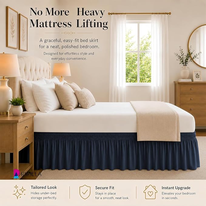 Navy Blue Bed Skirt King Size 18" Drop, Elastic Wrap Around Bedskirt | Solid Ruffled, Easy to Use, No Mattress Lifting, Wrinkle & Fade Resistant, with Adhesive Strips, Machine Wash/Dry/Iron