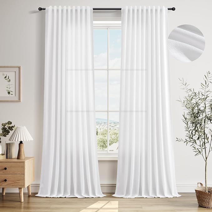 Extra Long Linen Curtains 108 Inches for Living Room Back Tab Semi Sheer High Floor to Ceiling 9ft Light Filtering Curtain Boho Farmhouse Decor Window Drapes for Bedroom 2 Panels White