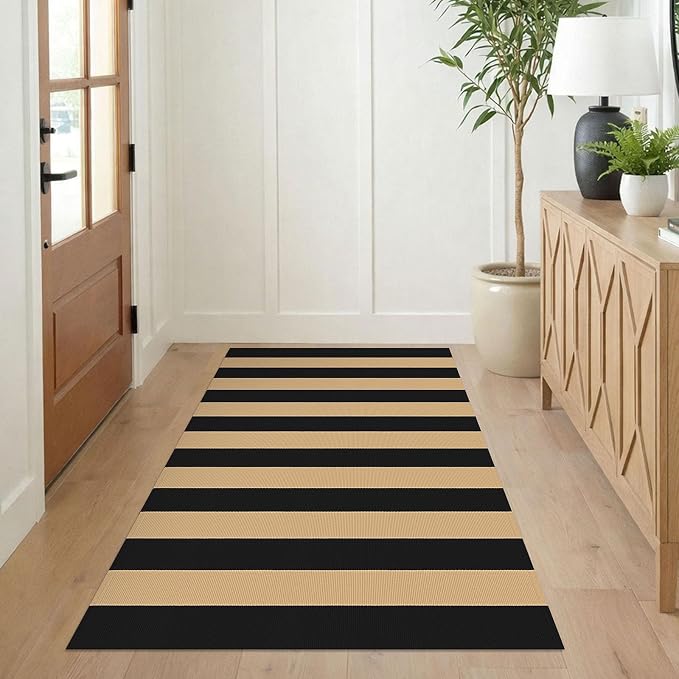 KILOCOCO Striped Rug 3x5 ft Washable Front Door Outdoor Rug, Brown Black | Cotton Layered Doormats, Washable Front Porch Rug, Woven Low Pile Welcome Mat for Kitchen Entryway Farmhouse Patio