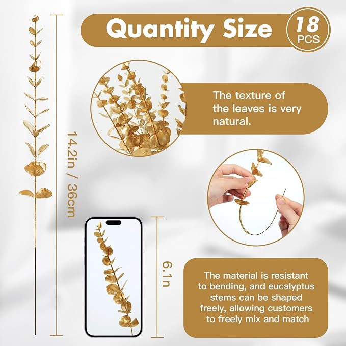 18pcs Gold Eucalyptus Stems Greenery Stems Fake Leaves Artificial Flowers Bouquet Faux Branches Centerpiece Flores Plants for Home Party Decor Wedding Decoration
