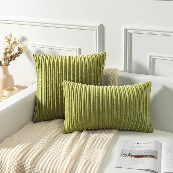 Kevin Textile Striped Corduroy 22”x22” Pillow Covers 2 Pack, Green