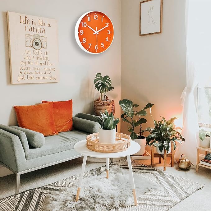 HZDHCLH 12 Inch Silent Wall Clock Battery Operated Non Ticking Orange White | Non Ticking Modern Wall Clock for Living Room Bedroom Kitchen Office Classroom Decor