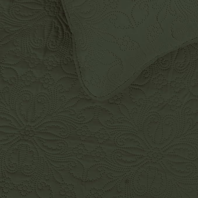 Easy-Going Reversible Quilt Set Twin, Bedspread with 1 Shams | Damask-Army Green/Beige, Lightweight Bed Comforter, 1 Quilt + 1 Pillow Shams, All-Season Coverlets for Bedroom