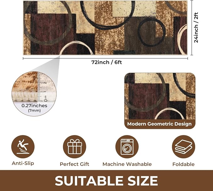 Yamaziot 2x6 Washable Modern Abstract Runner Rug Non-Slip for Hallways | Stain Resistant Kitchen Rug with Rubber Backing, Low Pile, Ultra Soft Carpet Runner for Bedroom, Laundry, Entryway, Brown