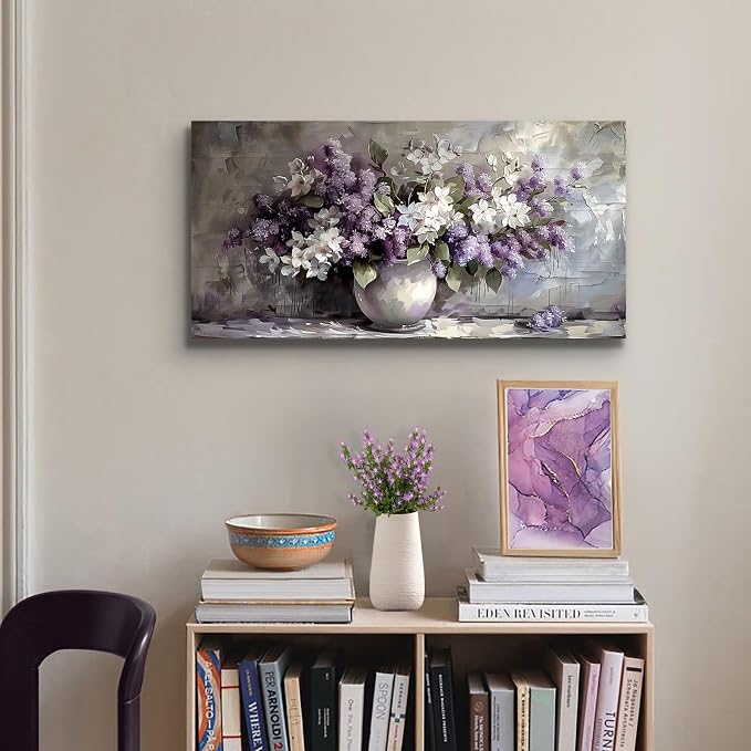 SERIMINO Still Life Large Wall Art, Purple Floral Canvas Prints 20"X40" | Vintage Vase Flowers Wall Decor, Purple Floral Pictures, Living Room Bathroom Kitchen Decor, Ready To Hang, Vibrant Colors