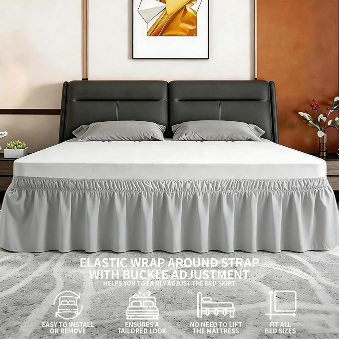 ANARACHON Full Bed Skirt, Elastic Wrap Around Bed Skirt Full Size, Bed Skirts for Adjustable Bed, Easy Fit with 14" Drop Length Tailored Drop Dust Ruffle (Grey)