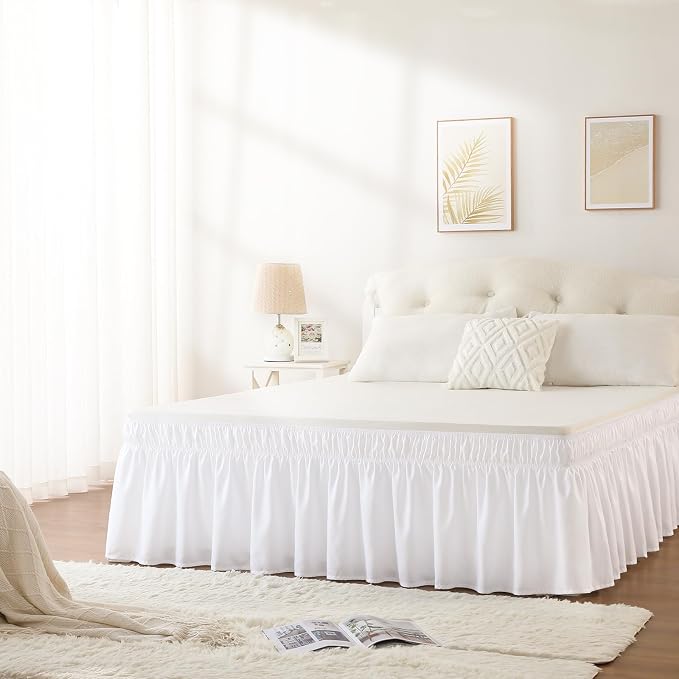 White Bed Skirt Queen Size 21 Inch Drop, Elastic Wrap Around Bedskirt | Solid ruffled, Wrap-around/elastic, Wrinkle & Fade resistant, with Adhesive Strips, Gift Packed, Machine Wash/Tumble Dry/Iron
