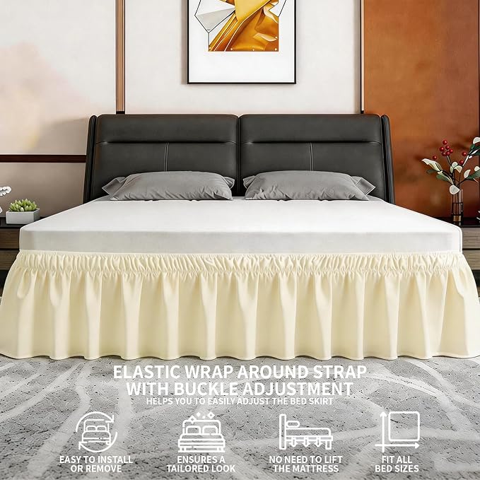 ANARACHON Queen Bed Skirt, Elastic Wrap Around Bed Skirt Queen Size, Bed Skirts for Adjustable Bed, Easy Fit with 14" Drop Length Tailored Drop Dust Ruffle (Light Yellow)