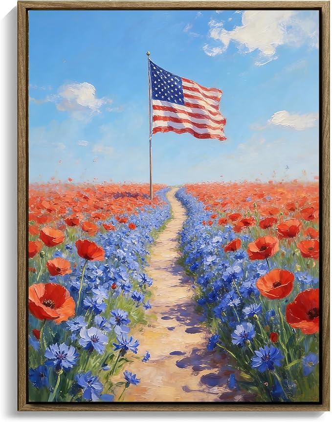 American Flag Framed Canvas Wall Art, 4th of July Patriotic Canvas Prints | Wildflower Field Landscape Poster Print, Vintage Rustic Independence Day Wall Decor for Bedroom Living Room 24×36in