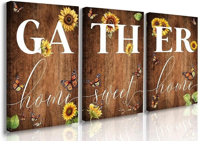 GUBIYU Rustic Farmhouse Dining Room Decor Cute Gather Signs, Home Wall Decor - 'Home Sweet Home' Sunflower Butterfly 12"X16"