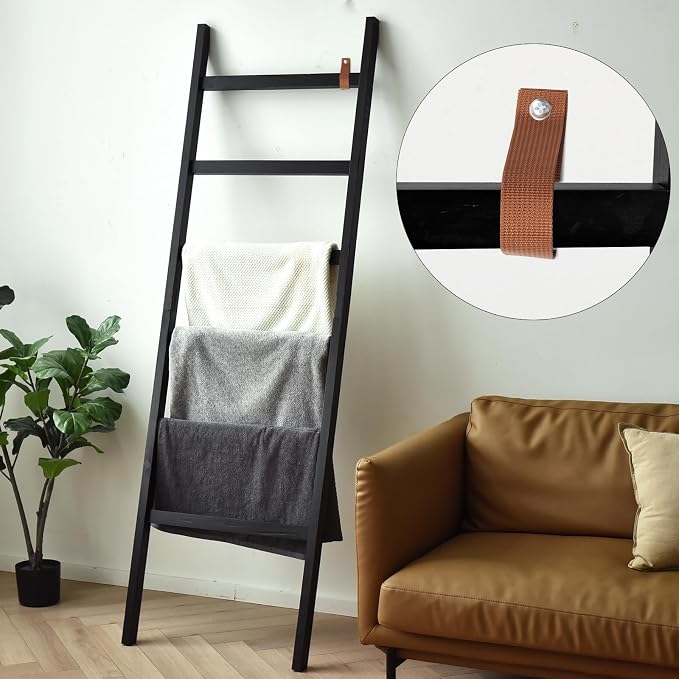 FUIN Blanket Ladder, 24in Wide Rustic Solid Wood Decor Rack, Black | 6.4 ft high and 6 rungs, farmhouse quilt display holder, organize towel and scarf, leaning wall, bathroom and living room use