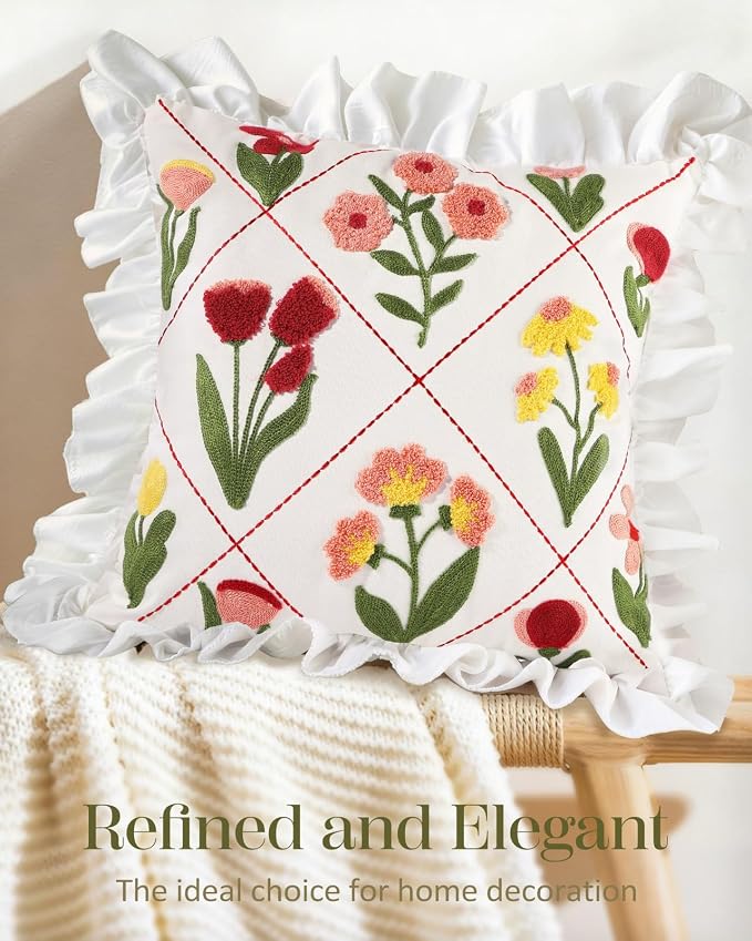 Embroidered Throw Pillow Cover - 18x18 Decorative Pillow Cover with Zipper Aesthetic Cute Design Boho Spring Summer Throw Pillowcase for Living Room Couch Sofa Bed, Ruffle Floral