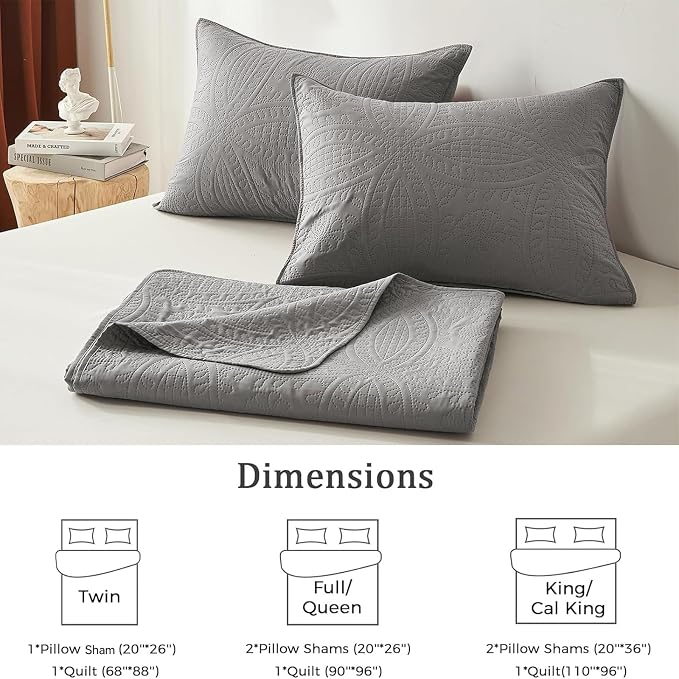 akkialla King Quilt Bedding Set,Grey Ultrasonic King/Cal King Quilt Set,Lightweight Soft Bedspread Coverlet,Modern Style Coin Pattern Bed Cover for All Seasons,3 Piece(1 Quilt,2 Pillow Shams)