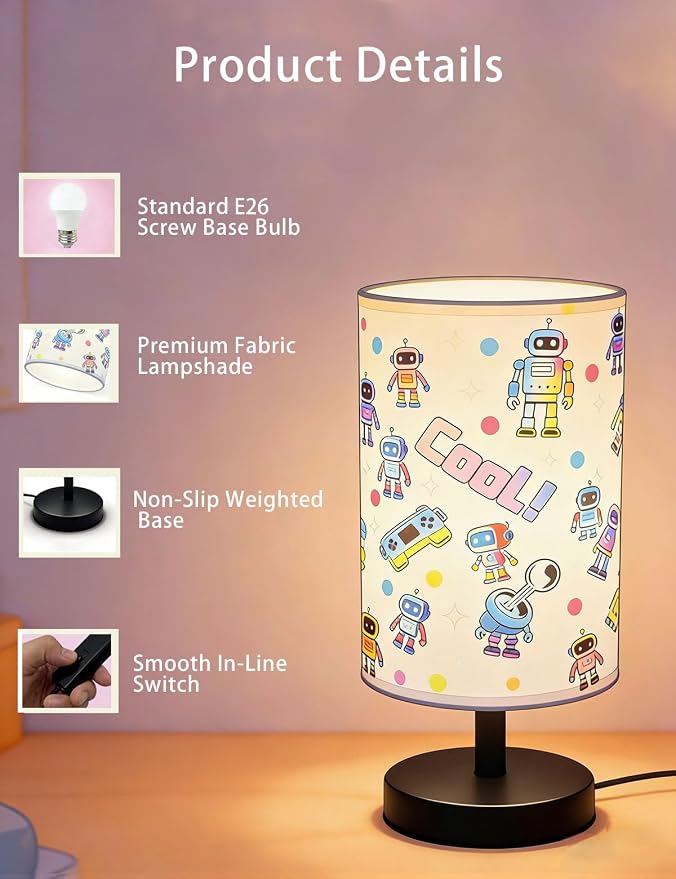 Kids Lamps for Bedrooms Boys, Robot Bedside Lamp , 3 Colors Nightst and Light Lamp, Round Base Flaxen Fabric Desk Lamp for Kids Room, Robot Lamp Gift fo Boys Girls (LED Bulb Included) (Robotic)
