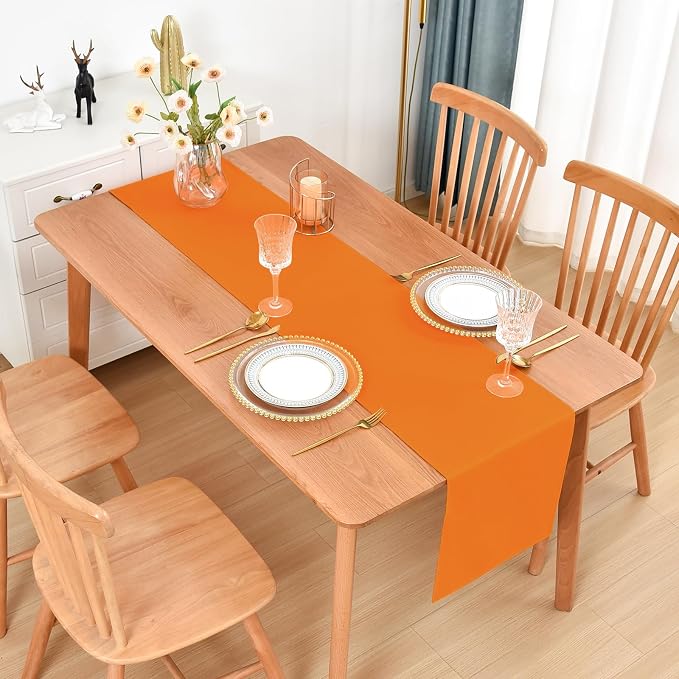 Faux Linen Table Runner Water Resistant 13 x 72 in, Orange | Farmhouse Rustic Table Runners, Coffee Table Runner, Dresser Runners for Bedroom, Living Room, Kitchen, Dining, Party