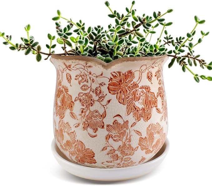 Ceramic-Planters-for-Indoor-Plants with Saucer, 6 inch Vintage Ice Crackle Glaze Plant Pots with Drainage Holes, Decorative Flower Pots for Outdoor Garden Home Decor, Tuscan Pot for Plant