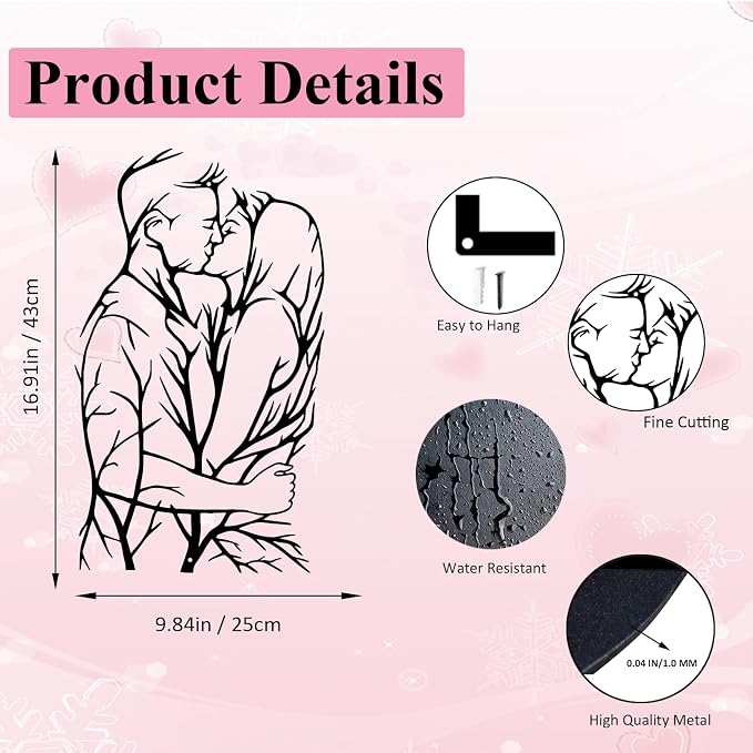 DUOOLN Metal Couple Wall Art, Life Tree Decorations Lovers Bedroom Decor. | Kissing Silhouettes Pictures|Minimalist Romantic Sculpture |Home Office Headboard Bathroom Ornaments|Black 43x25cm