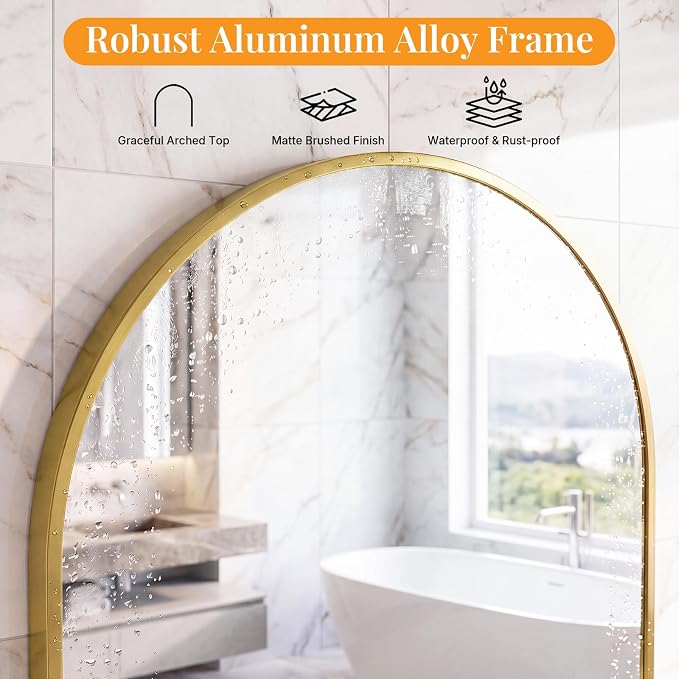 Sweetcrispy 31"x32" Arched Bathroom Mirror, Bathroom Mirrors for Over Sink | Modern Wall Mirrors Arch Decorative for Entryway, Bedroom, Vanity,Horizontal or Vertical Hanging, Gold